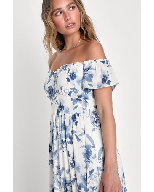 Lulus Blue Delightfully Sweet Floral Off-The-Shoulder Midi Dress
