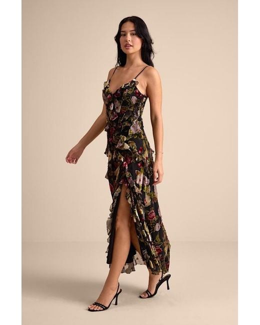 Lulus Natural Shona Multi Velvet Jacquard Ruffled Maxi Dress
