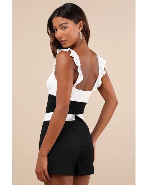 Lulus Black Marvelous Sweetie Ivory And Lace Ruffled Bow Bodysuit