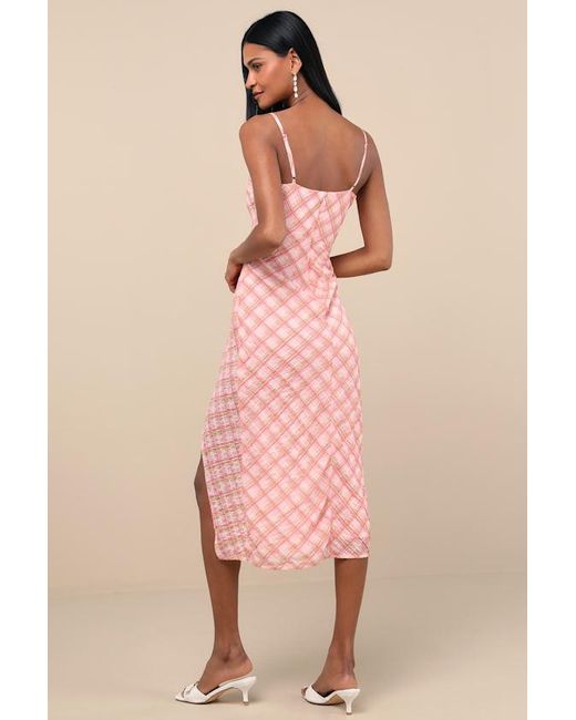 Lulus Pink Jenise Plaid Faux-Wrap Midi Dress