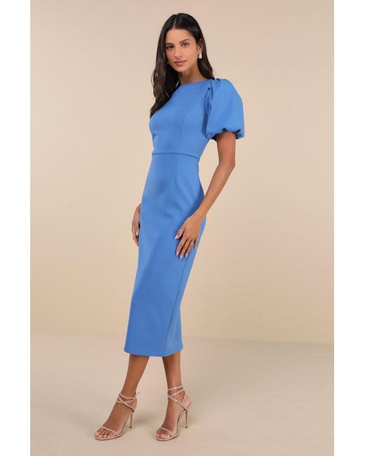 Lulus Blue Simply Beloved Puff Sleeve Bodycon Midi Dress