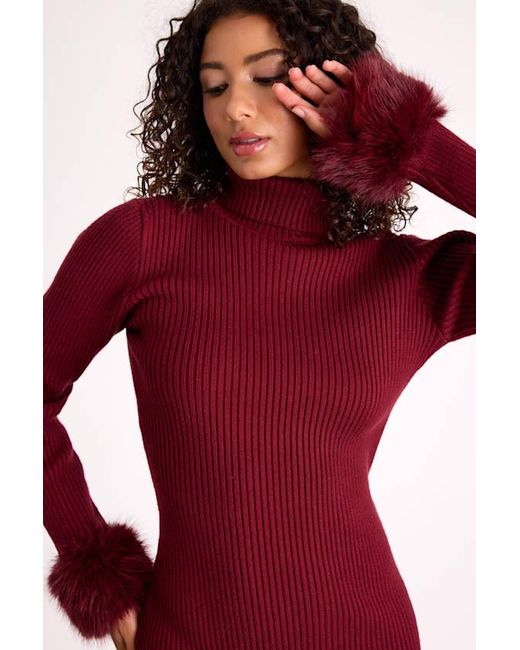 Lulus Red Labelle Ribbed Faux Fur Sweater Mini Dress