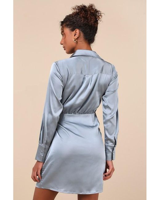 Lulus Blue Painterly Perfection Slate Satin Wrap Mini Dress