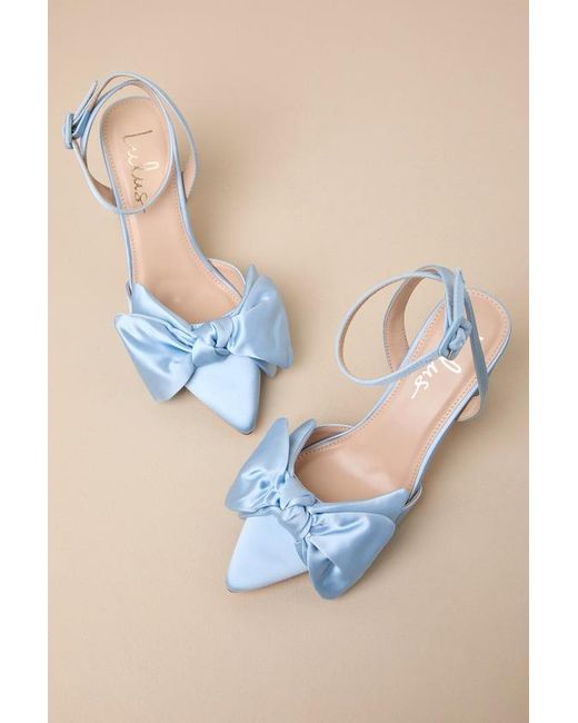 Lulus Blue Suttonn Satin Bow Ankle Strap Pointed-Toe Pumps