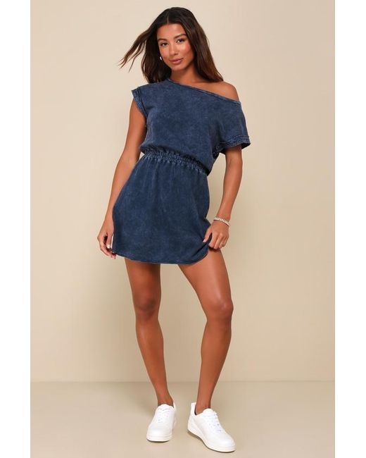 Lulus Blue Definite Beauty Washed Short Sleeve Mini Dress