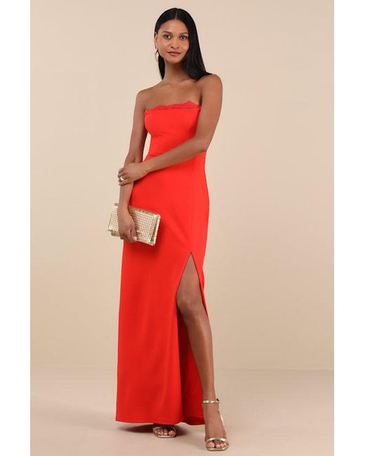 Lulus Red Memorably Iconic Strapless Lace Bustier Maxi Dress