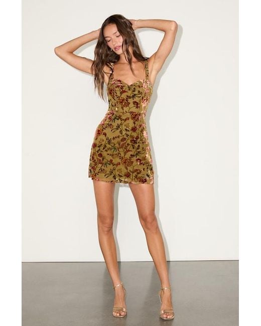 Lulus Green Ruwie Floral Velvet Lace-Up Mini Dress