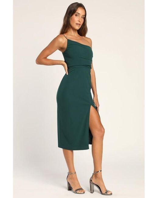 Lulus Green Elegant Allure Hunter One-Shoulder Sleeveless Midi Dress