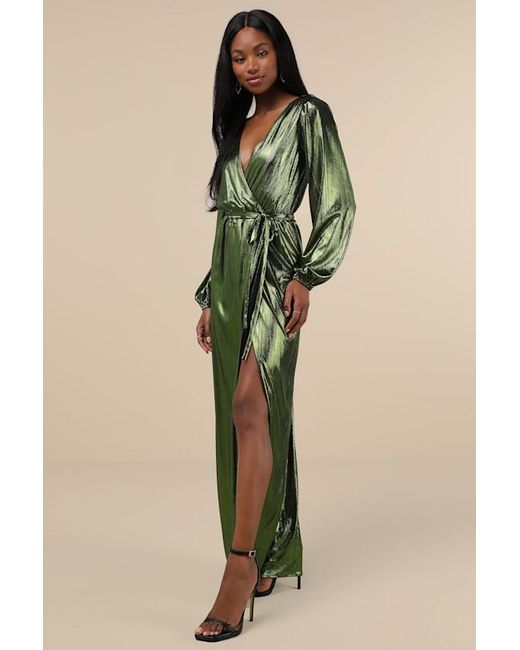 Lulus Green Extra Aesthetic Metallic Long Sleeve Surplice Maxi Dress