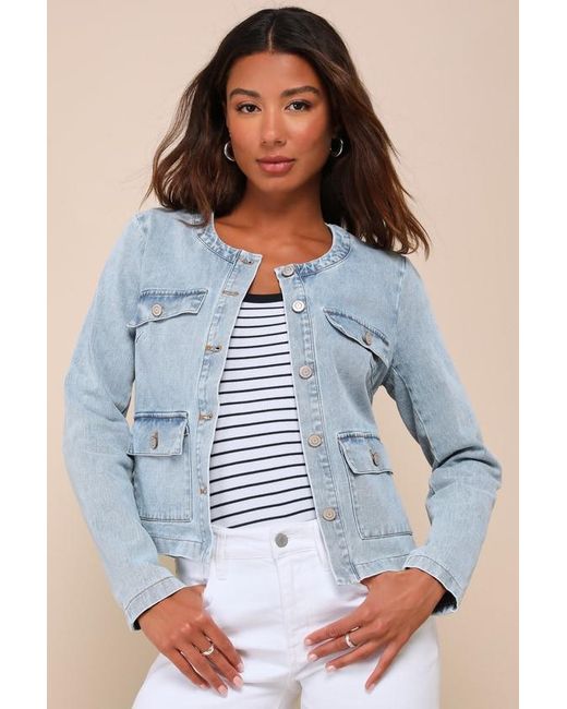 Lulus Blue Delightful Energy Light Wash Collarless Button-Up Denim Jacket