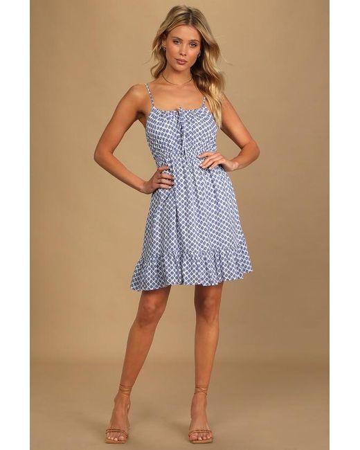 Lulus Blue Grecian Getaway And Print Mini Dress