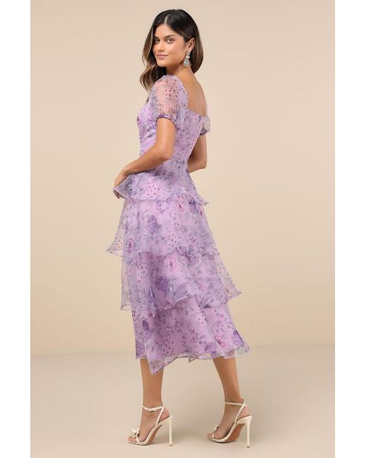 Lulus Purple Oh-So Stunning Floral Organza Tiered Midi Dress