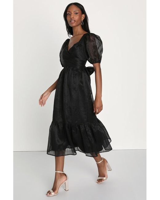 Lulus Black Celebratory Moment Surplice Puff Sleeve Midi Dress