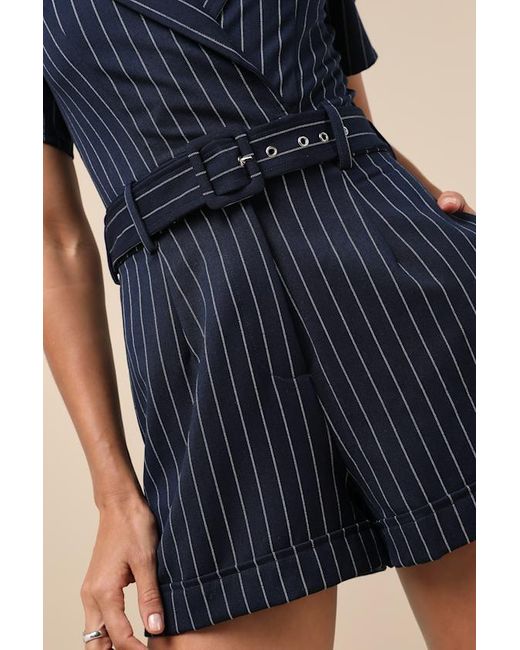 Lulus Blue Stylish Essence Pinstriped Short Sleeve Belted Romper