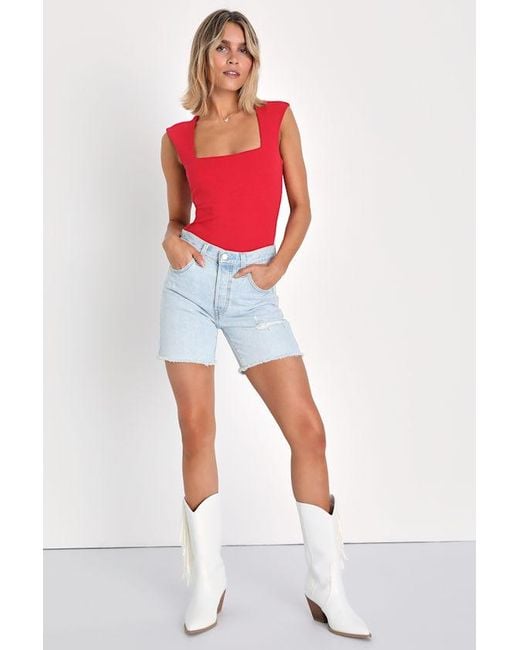 Lulus Red Sweet Crush Ribbed Square Neck Bodysuit