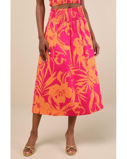 Lulus Red Luana And Floral High-Rise Midi Skirt