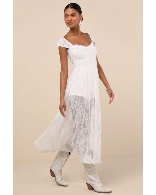 Lulus Natural Enisa Sheer Lace Cap Sleeve Midi Dress