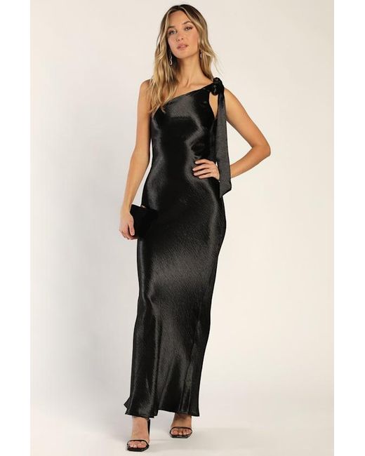 Lulus Black Lavish Looks Satin One-Shoulder Tie-Strap Maxi Dress