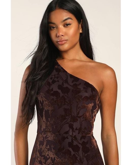 Lulus Purple Marvelous Moi Dark Plum Burnout Velvet One-Shoulder Maxi Dress
