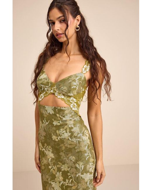 Lulus Women's Natural Endlessly Cute Floral Mesh Cutout Lace Bustier Maxi  Dress