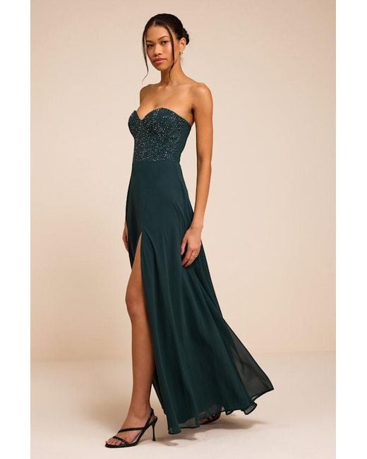 Lulus Blue Remember This Moment Emerald Rhinestone Strapless Maxi Dress