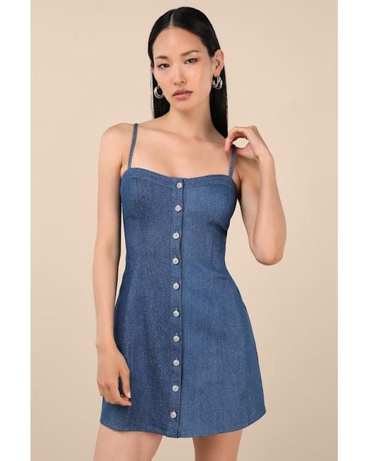 Lulus Blue Blakely Chambray Button-Front Mini Dress