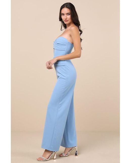 Lulus Blue Natasha Strapless Pleated Jumpsuit