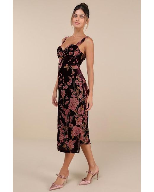 Lulus Natural Romantic Stunner Plum Floral Burnout Velvet Lace-Up Dress