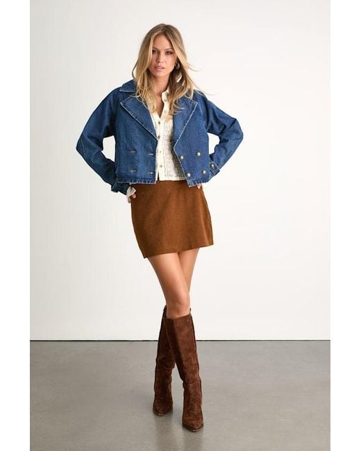 Lulus Blue Abria Medium Wash Denim Double-Breasted Cropped Jacket