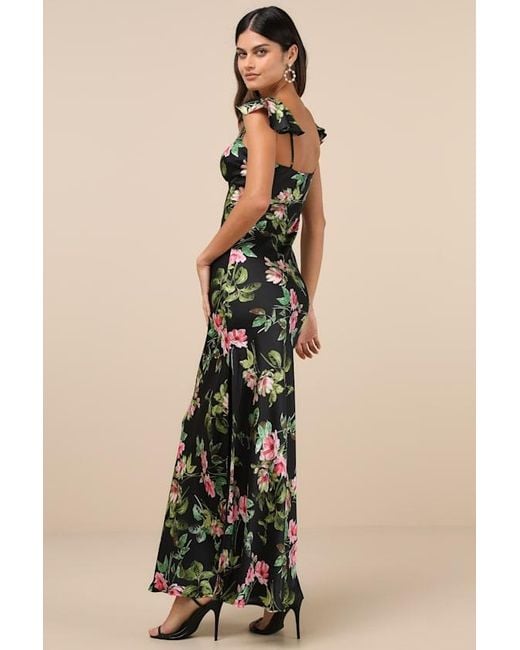 Lulus Natural Captivating Grace Floral Satin Ruffled Maxi Dress