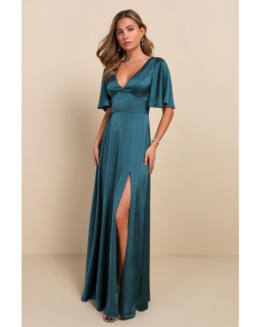 Lulus Blue Elegant Confidence Satin Flutter Sleeve Cutout Maxi Dress