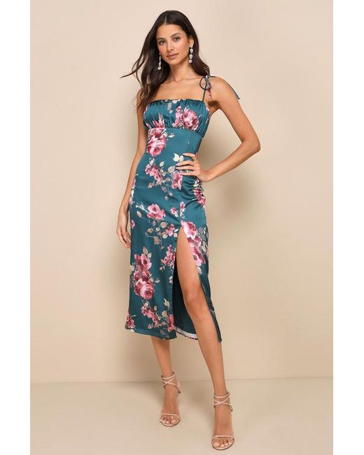 Lulus Blue Fleur-Ty Behavior Floral Satin Tie-Strap Midi Dress