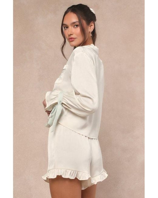 Lulus Natural Kelda And Sage Satin Embroidered Two-Piece Pajama Set