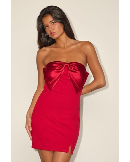 Lulus Red Bring The Poise Strapless Bow Mini Dress
