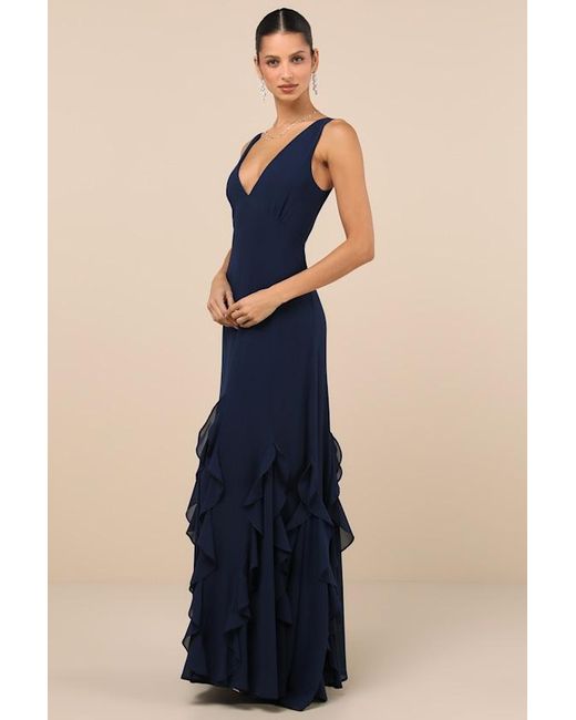 Lulus Blue Alorna Dark Sleeveless Ruffled Maxi Dress