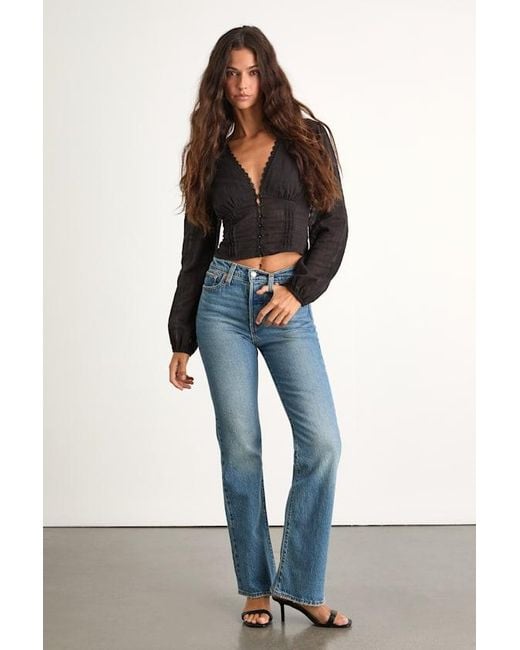 Lulus Black Keyra Button-Front Balloon Sleeve Crop Top