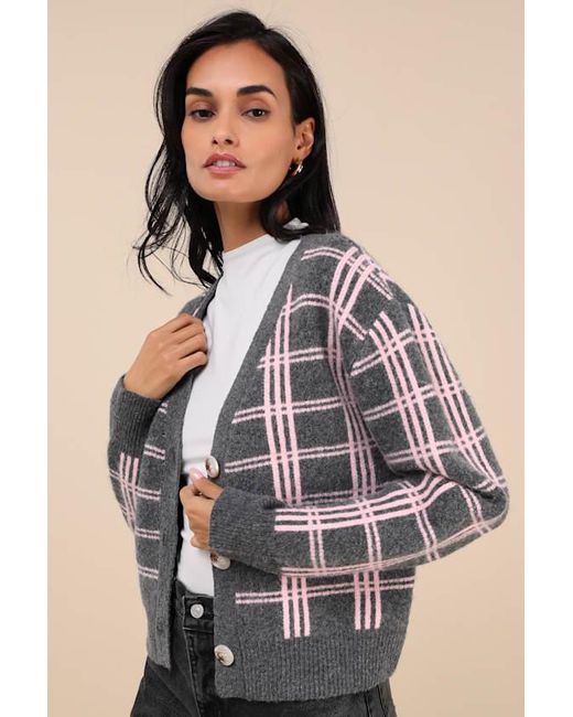 Lulus Gray Ideal Crush And Plaid Cardigan
