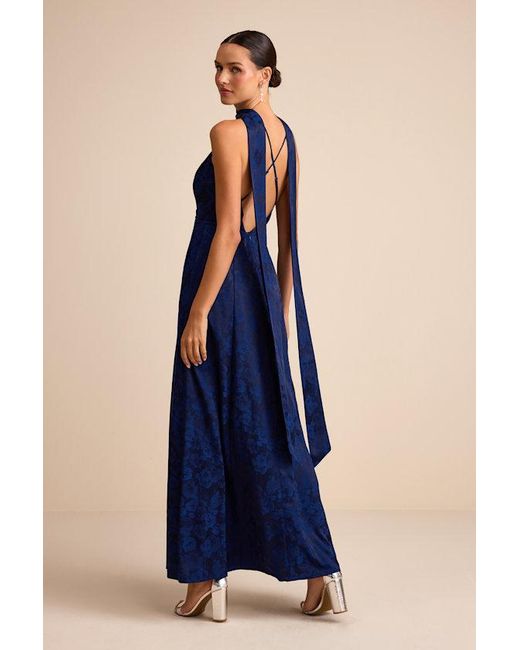 Lulus Blue Mahira Satin Jacquard Surplice Sash Scarf Maxi Dress