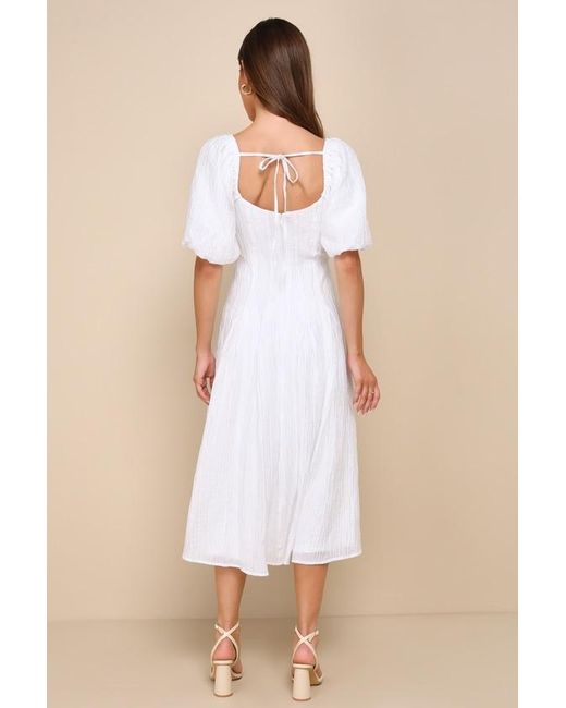 Lulus Natural Heavenly Energy Textured Puff Sleeve Pleated Midi Dress