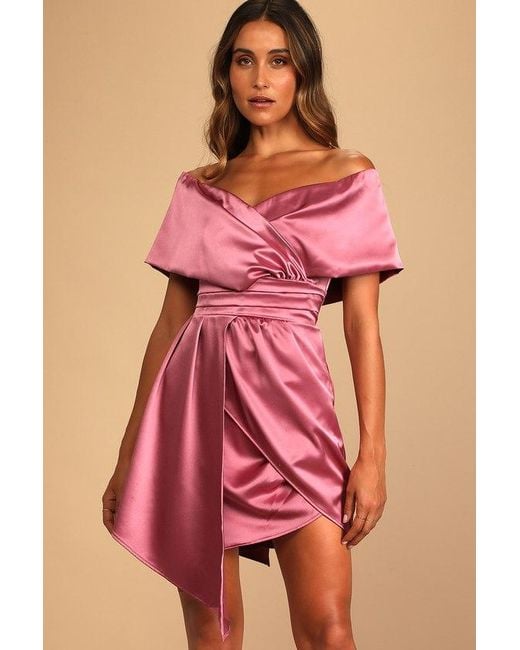 Lulus Pink Always Celebrating Mauve Satin Off-The-Shoulder Mini Dress