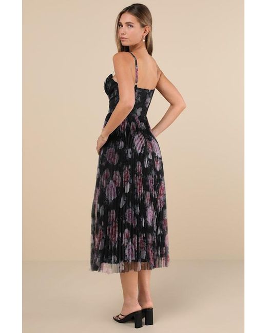 Lulus Black Alluring Invite Floral Pleated Bustier Midi Dress