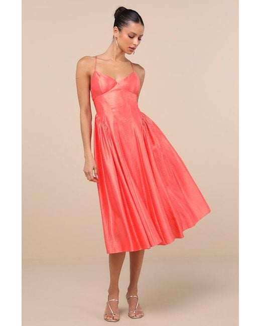 Lulus Paride Shiny Gathered Lace-Up Midi Dress