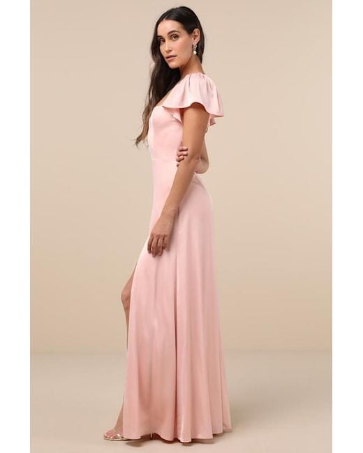Lulus Pink Ultimate Sweetness Satin Flutter Sleeve Maxi Dress