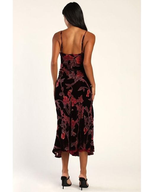 Lulus Brown Divine Allure Floral Burnout Velvet Midi Dress