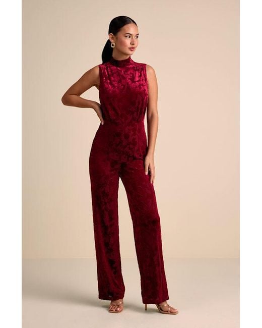 Lulus Red Micola Velvet Jacquard Mock Neck Jumpsuit