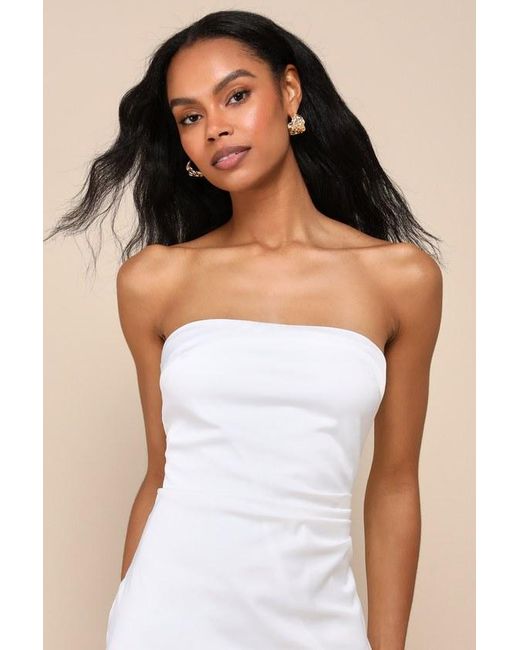 Lulus Natural Graceful Perfection Satin Ruffled Strapless Midi Dress