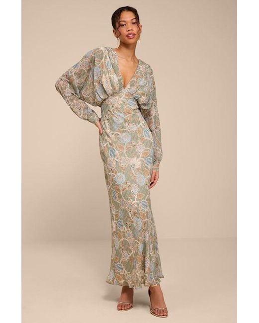 Lulus Natural Azalea Sage Multi Floral Long Sleeve Midi Dress