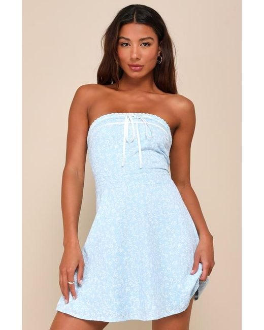 Lulus Blue Precious Babe Floral Ribbon Strapless Mini Dress