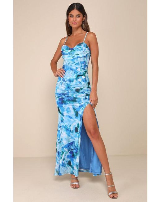 Lulus Blue Stunning Wonder Floral Mesh Bustier Mermaid Maxi Dress