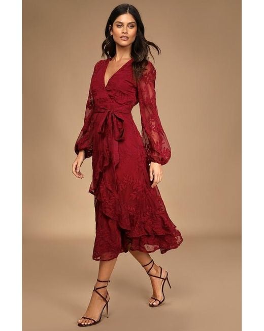 Lulus Spectacular Feeling Embroidered Faux Wrap Midi Dress